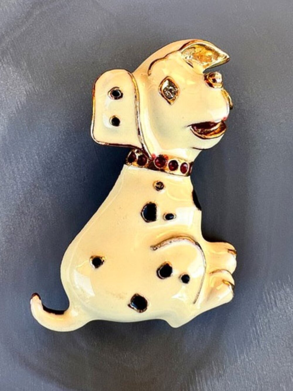 Vintage Dalmatian Puppy Gold Tone & Enamel Brooch 80's 90's
